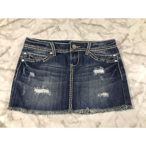 Almost Famous Denim Skirt Sz 0 Mid Thigh Distressed Faded Wash Light Blue NWOT